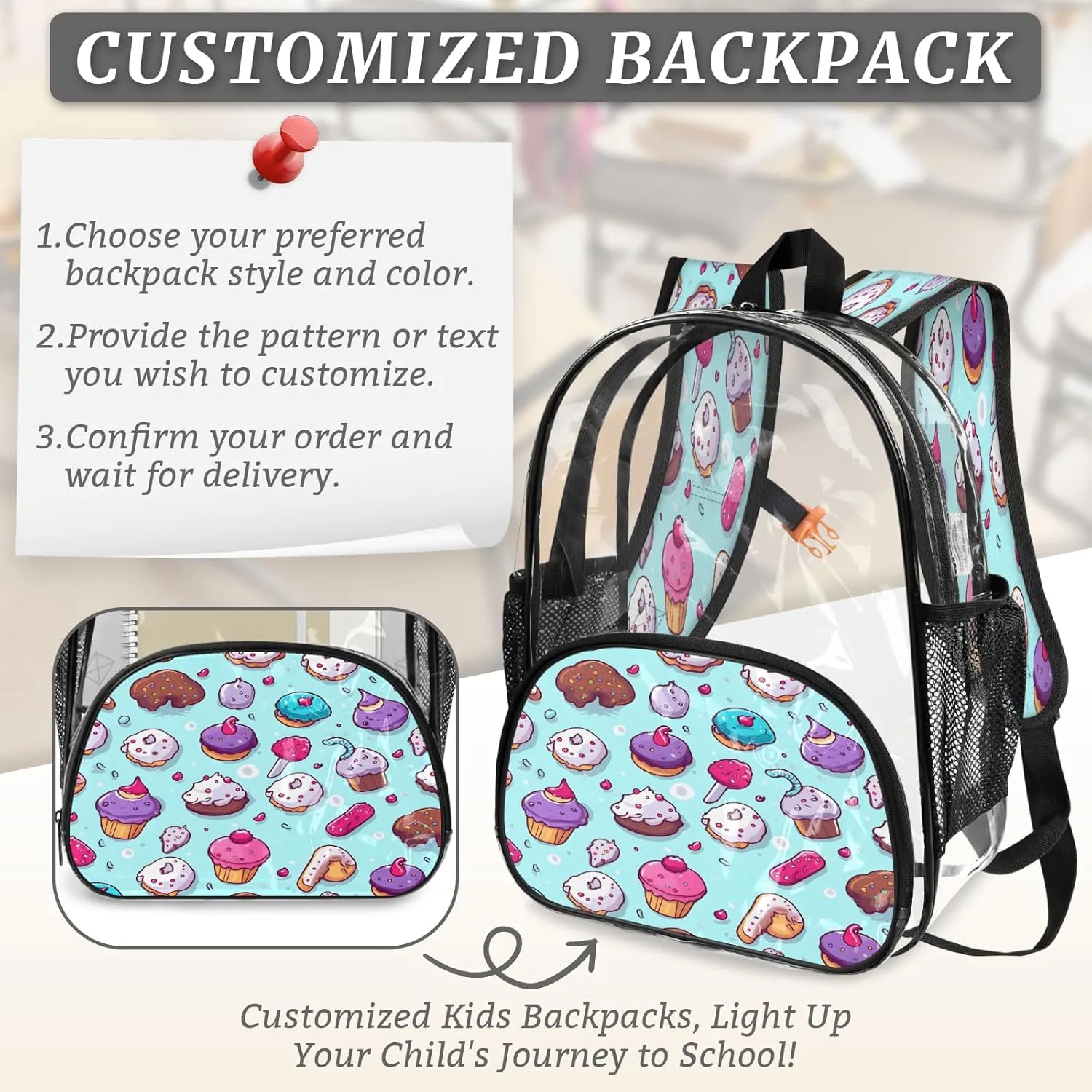 KOBLEN Bakery Delight Design 17.1 Inch Clear Backpack, Heavy Duty Transparent PVC Daypack with Adjustable Padded Straps, Large Capacity Clear Bag for Festival, Concerts, Travel