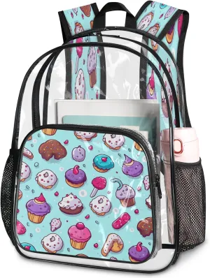 KOBLEN Bakery Delight Design 17.1 Inch Clear Backpack, Heavy Duty Transparent PVC Daypack with Adjustable Padded Straps, Large Capacity Clear Bag for Festival, Concerts, Travel