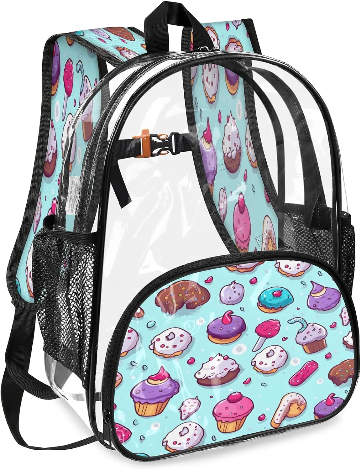 KOBLEN Bakery Delight Design 17.1 Inch Clear Backpack, Heavy Duty Transparent PVC Daypack with Adjustable Padded Straps, Large Capacity Clear Bag for Festival, Concerts, Travel