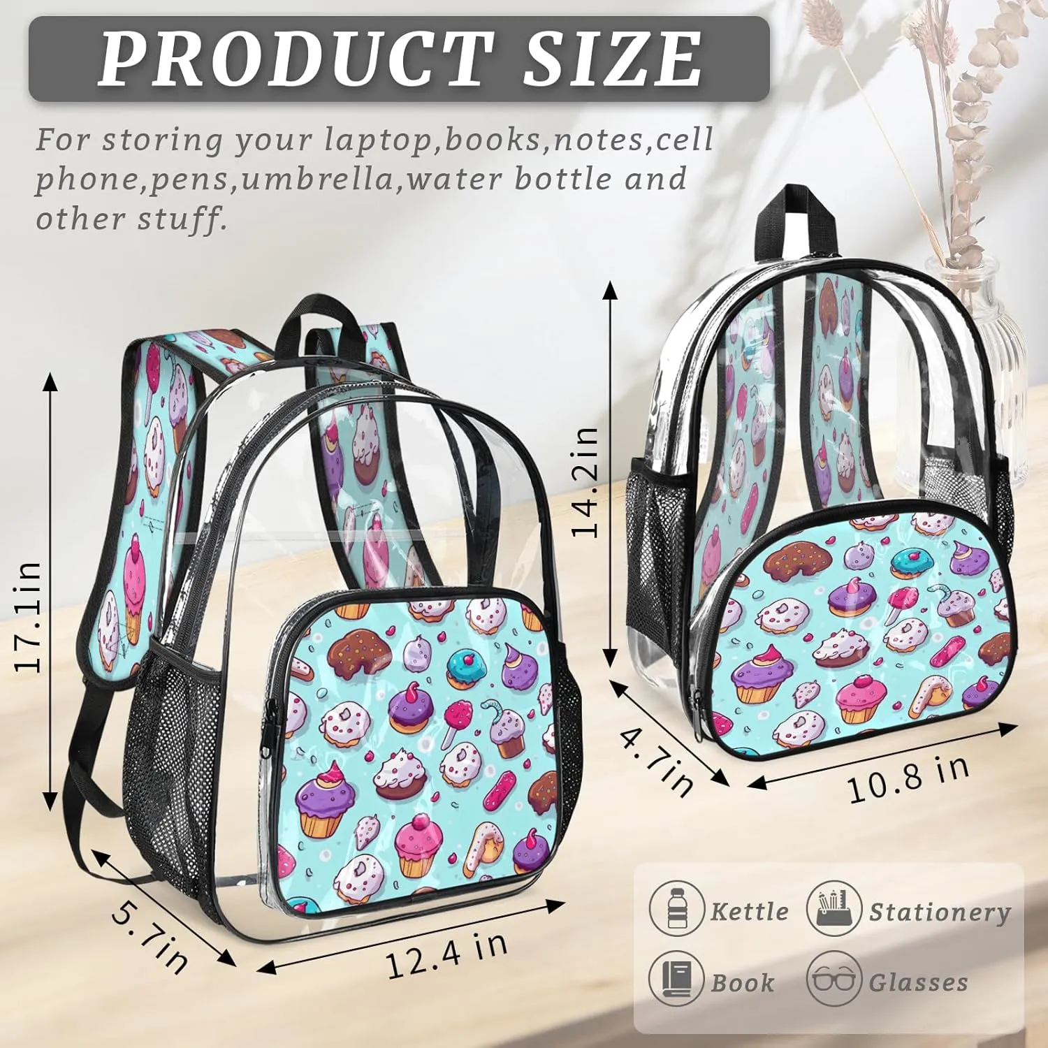 KOBLEN Bakery Delight Design 17.1 Inch Clear Backpack, Heavy Duty Transparent PVC Daypack with Adjustable Padded Straps, Large Capacity Clear Bag for Festival, Concerts, Travel