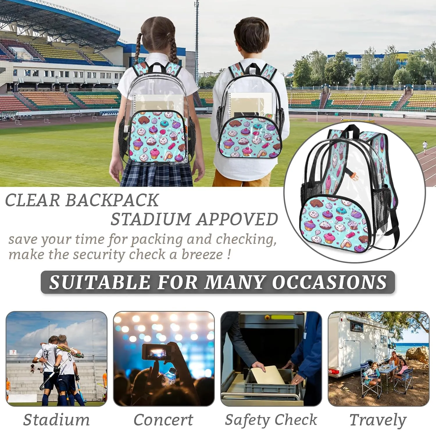 KOBLEN Bakery Delight Design 17.1 Inch Clear Backpack, Heavy Duty Transparent PVC Daypack with Adjustable Padded Straps, Large Capacity Clear Bag for Festival, Concerts, Travel