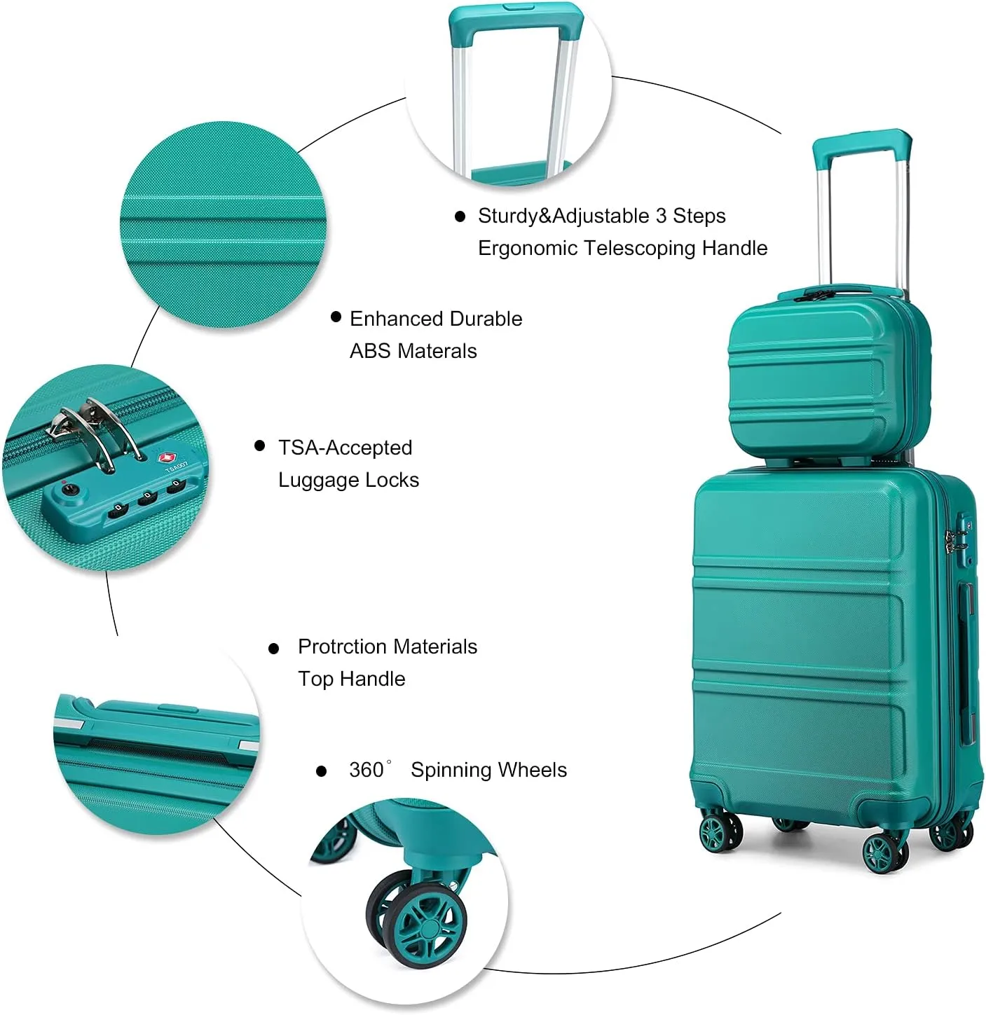 Kono Carry On Luggage Set Lightweight Airline Approved Carry On Suitcase with TSA Lock Spinner Wheels Durable Luggage Hardside Turquoise