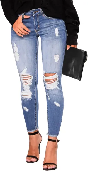 KUNMI Women's Skinny Ripped Trendy Jeans Distressed Stretchy Denim Pants
