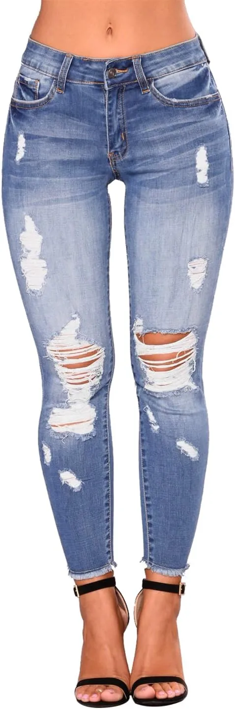 KUNMI Women's Skinny Ripped Trendy Jeans Distressed Stretchy Denim Pants