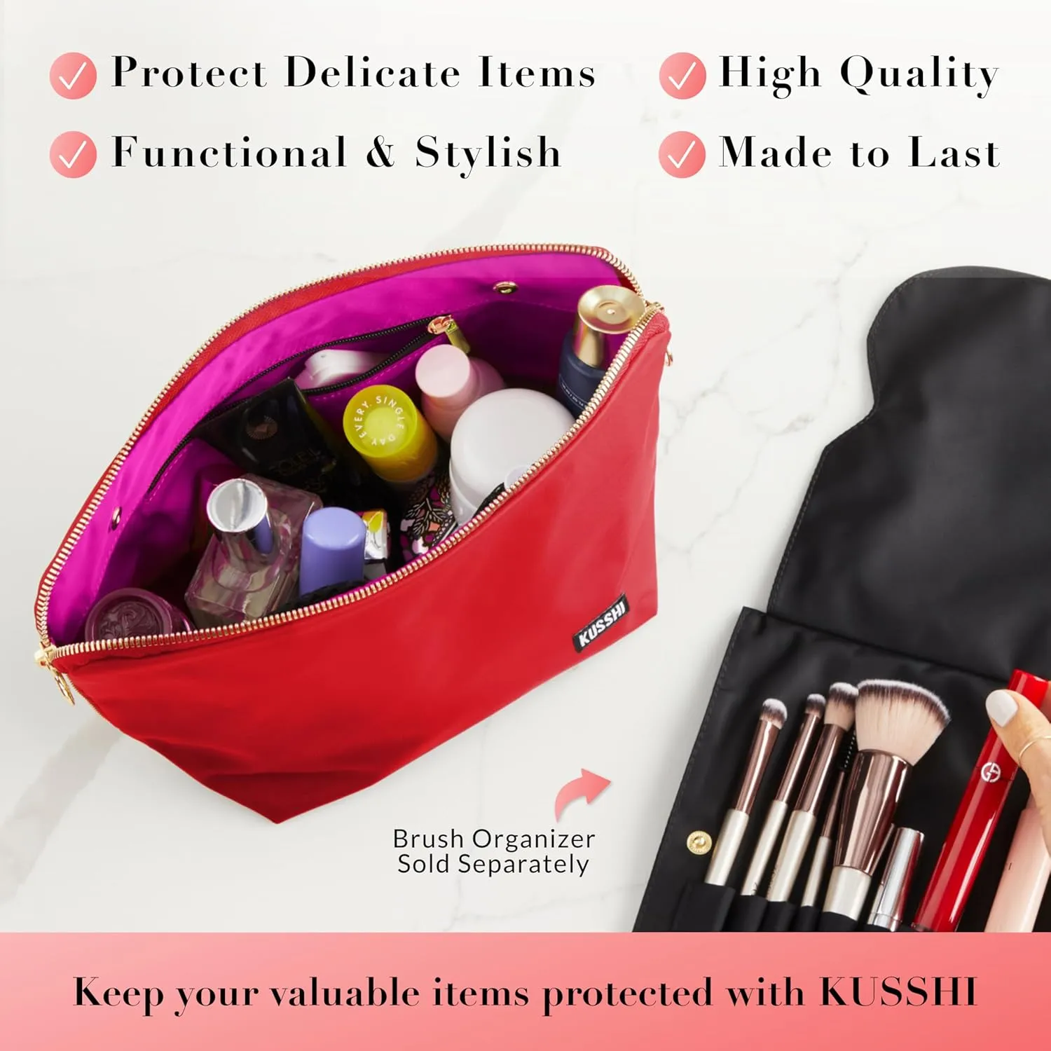 KUSSHI Washable Travel Makeup & Cosmetic Bag - Brush Organizer Sold Separately (Signature, Candy Apple Red/Pink)