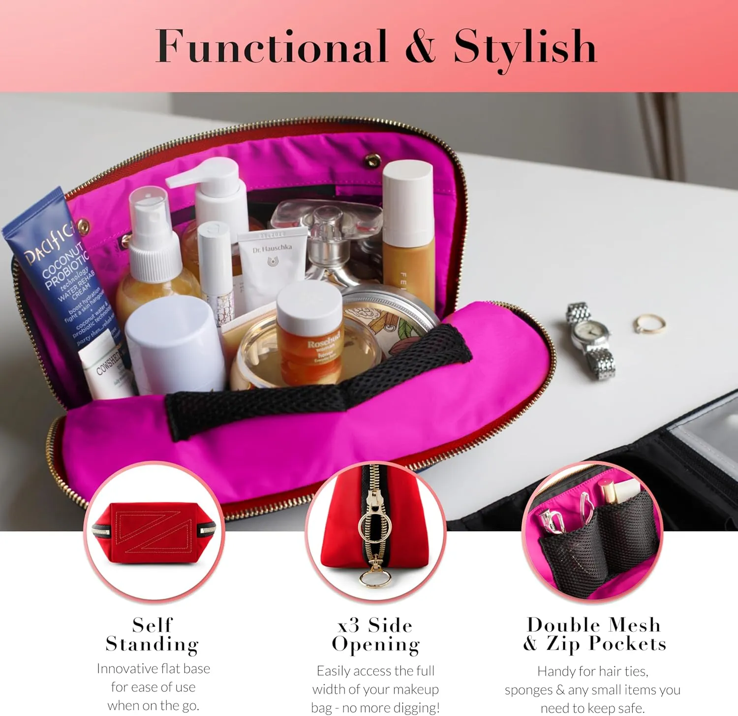 KUSSHI Washable Travel Makeup & Cosmetic Bag - Brush Organizer Sold Separately (Signature, Candy Apple Red/Pink)