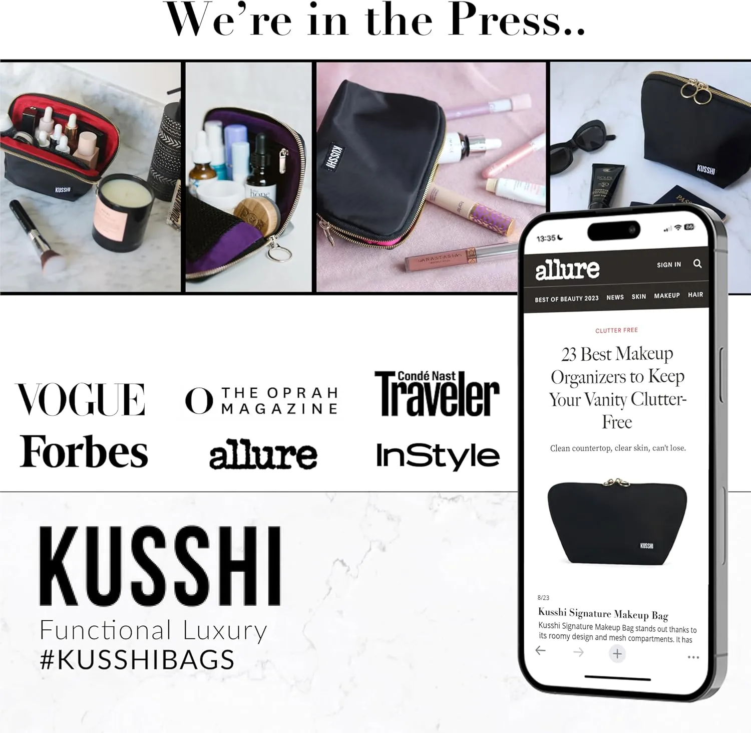 KUSSHI Washable Travel Makeup & Cosmetic Bag - Brush Organizer Sold Separately (Signature, Navy/Mint)