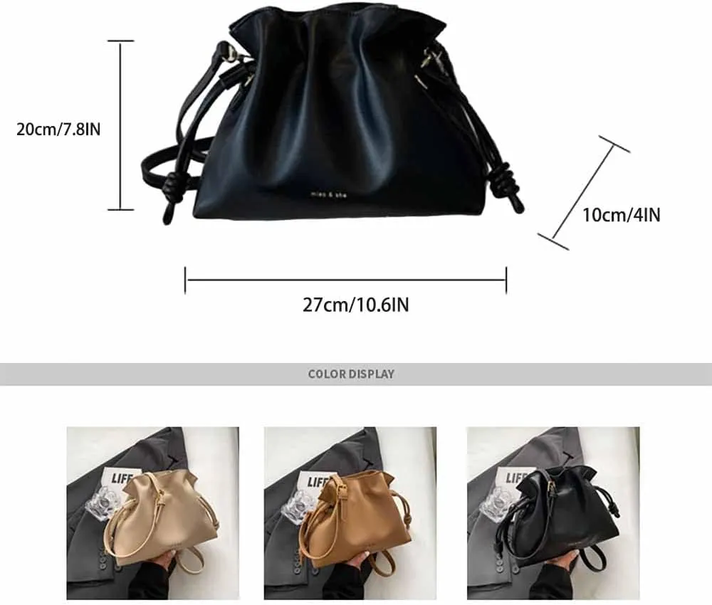 Ladies' fashionable minimalist bag, drawstring bucket bag, single shoulder crossbody bag, pleated bag