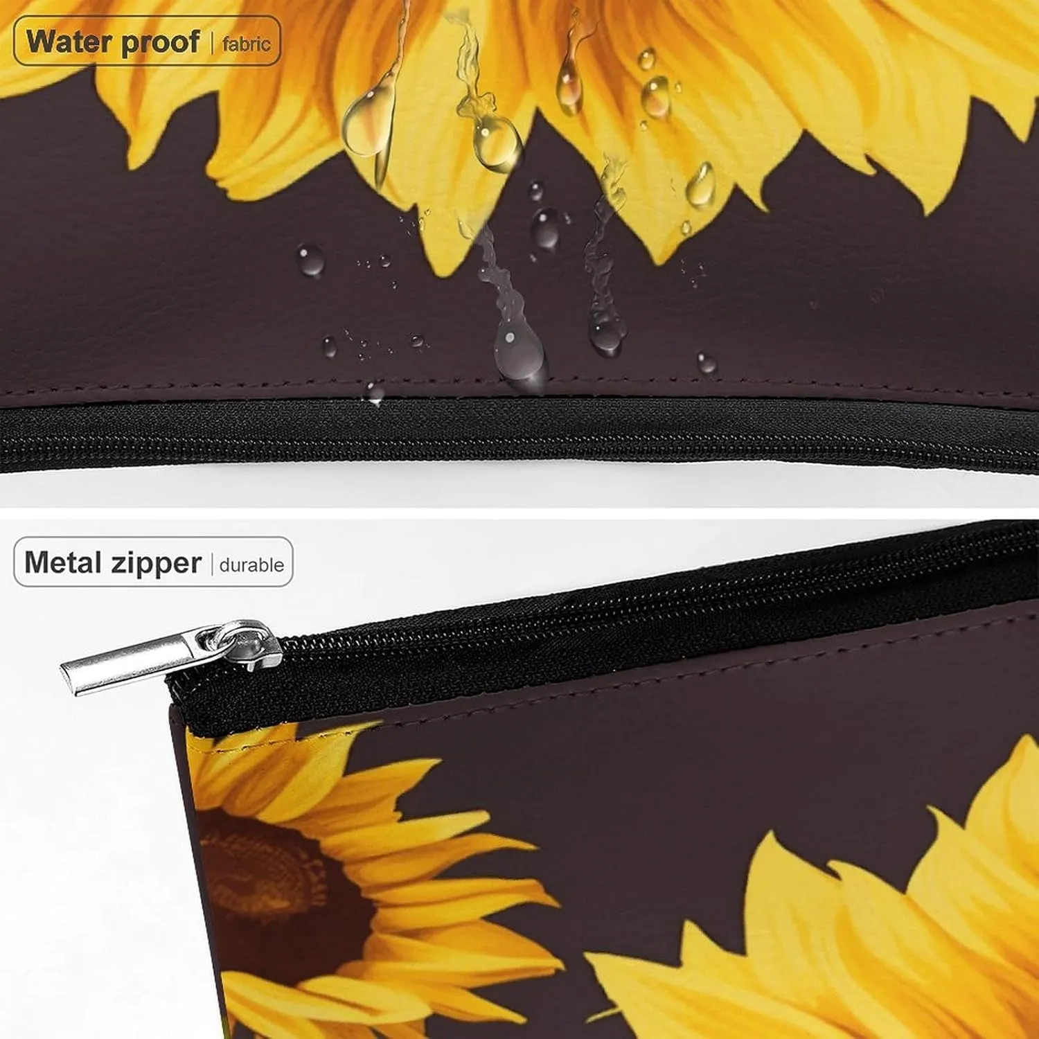 Large Capacity Makeup Bags for Women Portable Leather with Zipper Travelling Makeup Bag Beautiful Sunflower Printed