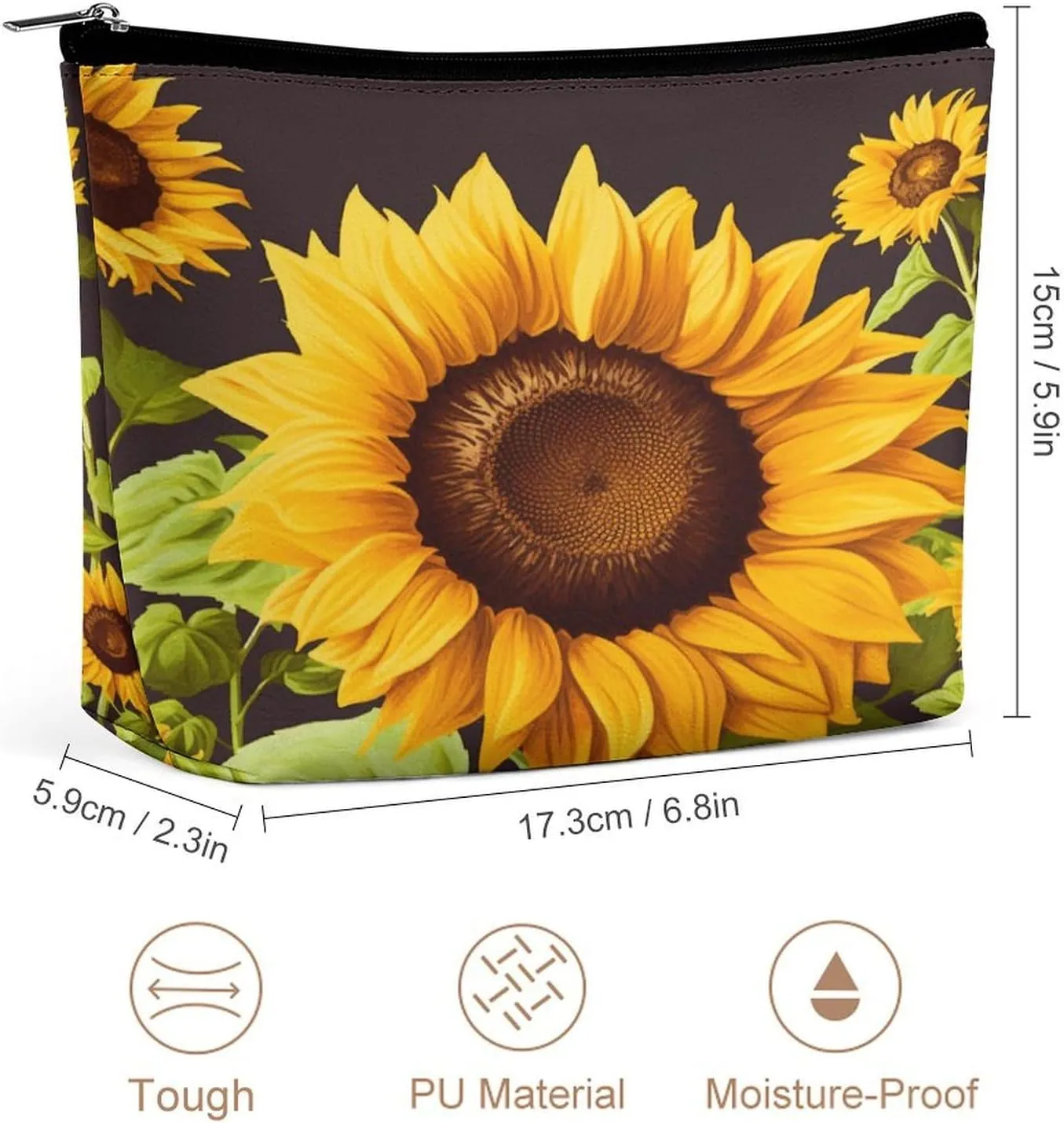 Large Capacity Makeup Bags for Women Portable Leather with Zipper Travelling Makeup Bag Beautiful Sunflower Printed