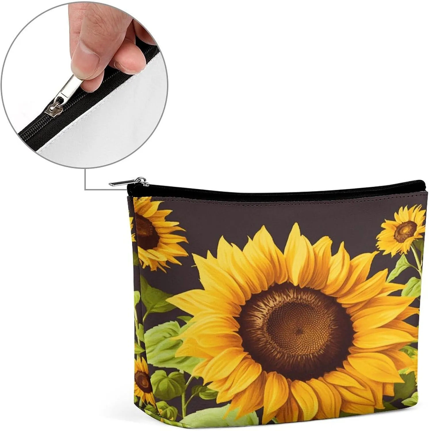 Large Capacity Makeup Bags for Women Portable Leather with Zipper Travelling Makeup Bag Beautiful Sunflower Printed