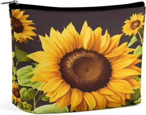Large Capacity Makeup Bags for Women Portable Leather with Zipper Travelling Makeup Bag Beautiful Sunflower Printed