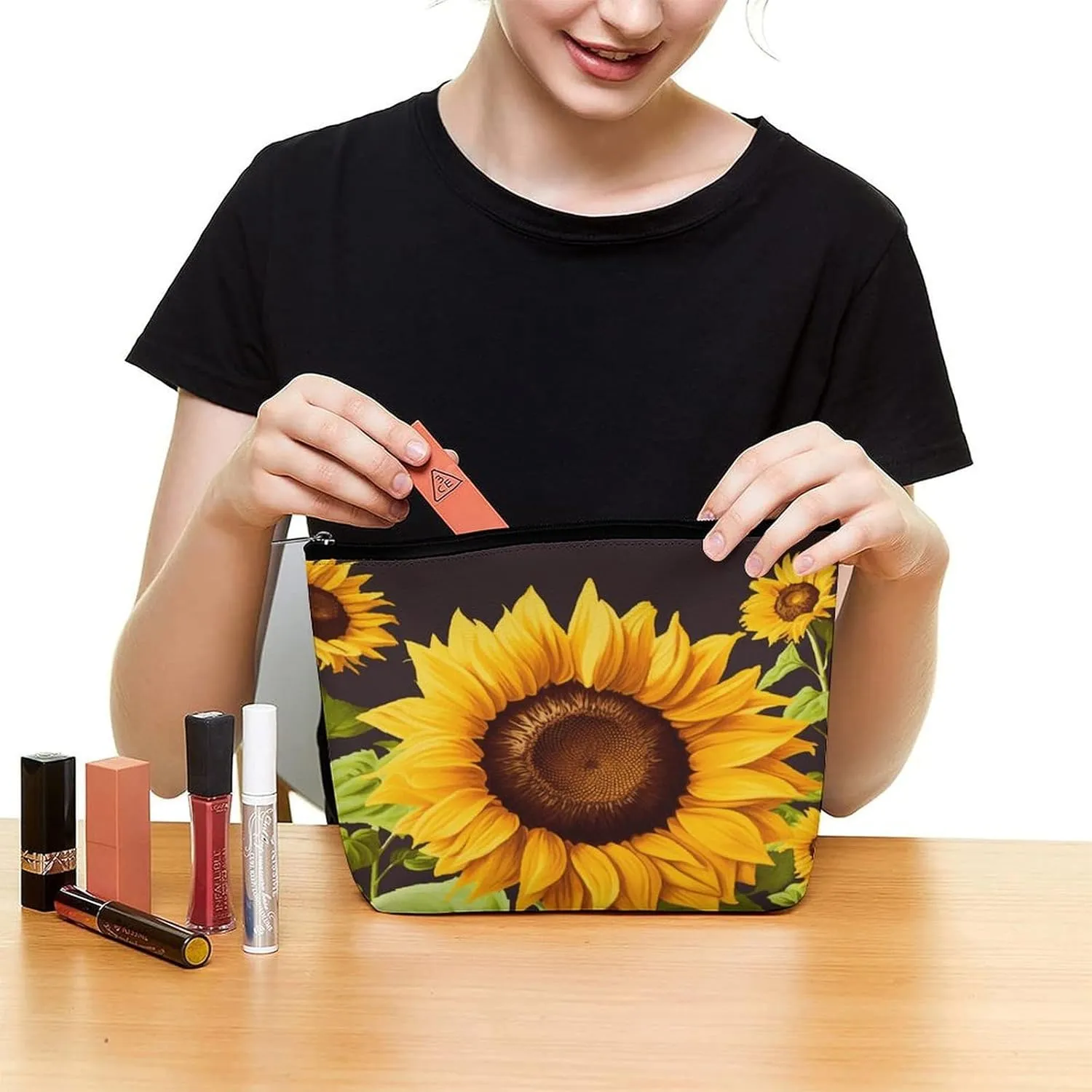 Large Capacity Makeup Bags for Women Portable Leather with Zipper Travelling Makeup Bag Beautiful Sunflower Printed
