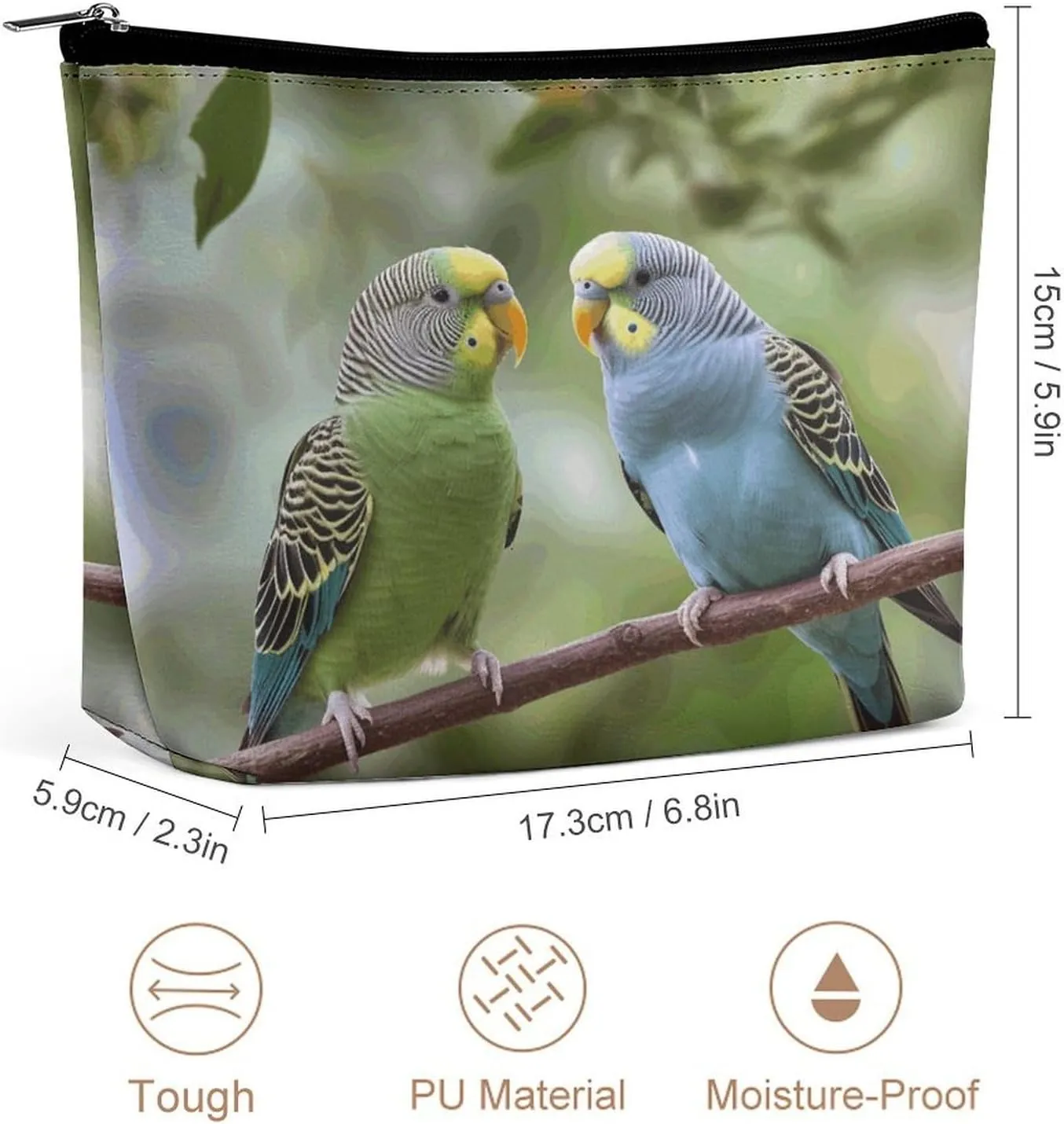 Large Capacity Makeup Bags for Women Portable Leather with Zipper Travelling Makeup Bag Blue And Green Parakeets Printed