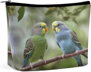 Large Capacity Makeup Bags for Women Portable Leather with Zipper Travelling Makeup Bag Blue And Green Parakeets Printed