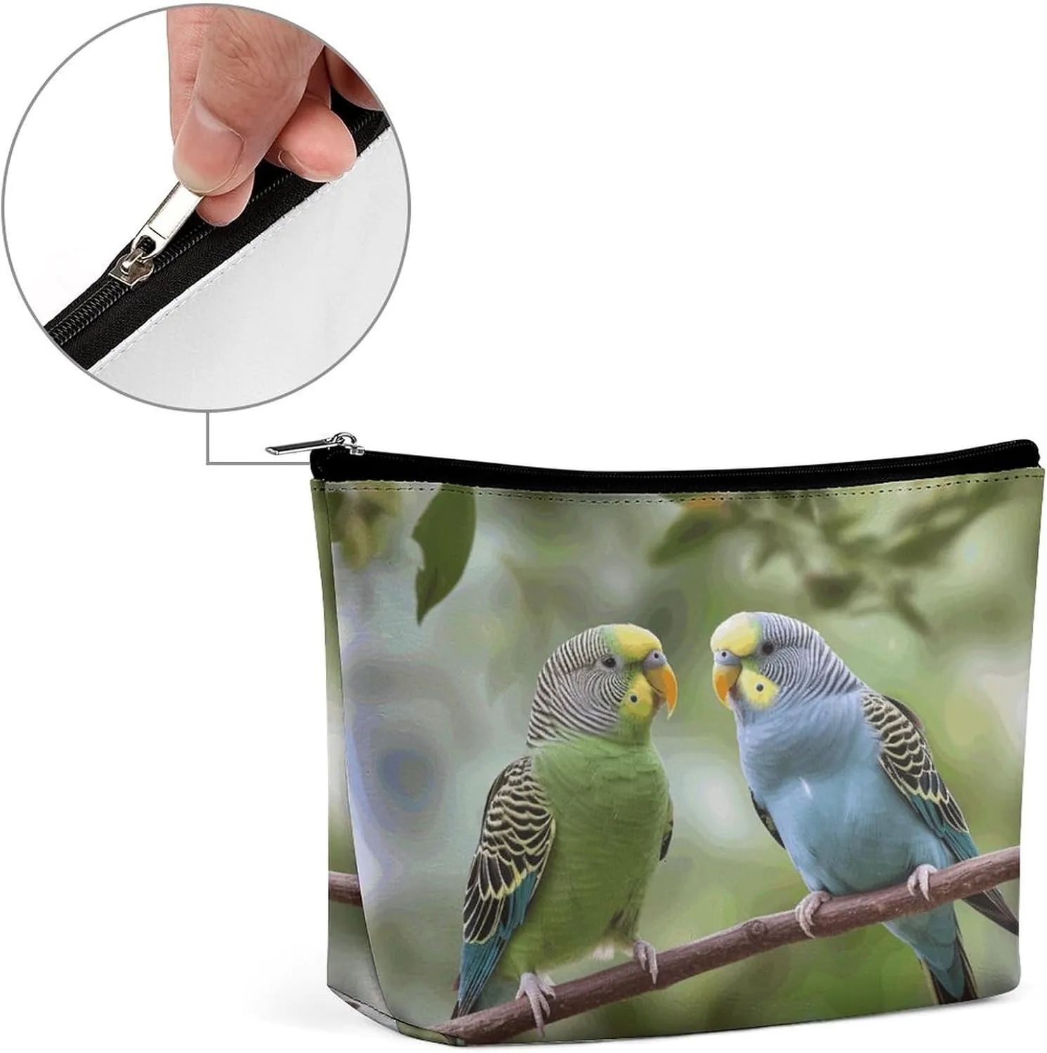 Large Capacity Makeup Bags for Women Portable Leather with Zipper Travelling Makeup Bag Blue And Green Parakeets Printed