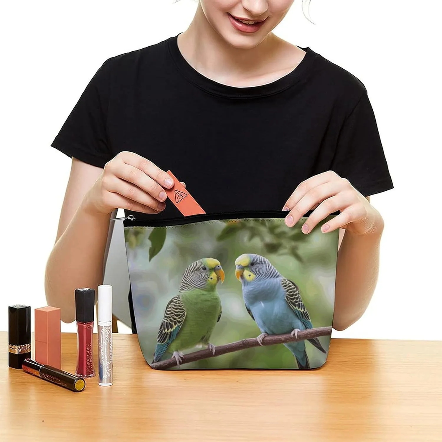 Large Capacity Makeup Bags for Women Portable Leather with Zipper Travelling Makeup Bag Blue And Green Parakeets Printed