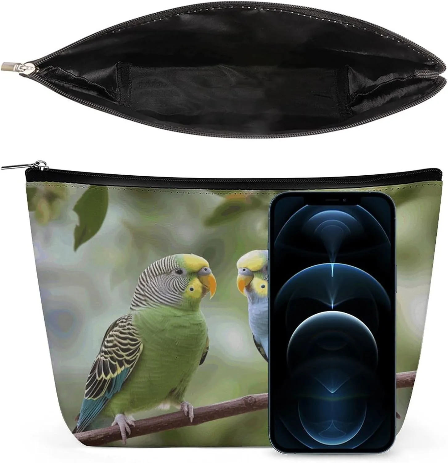 Large Capacity Makeup Bags for Women Portable Leather with Zipper Travelling Makeup Bag Blue And Green Parakeets Printed