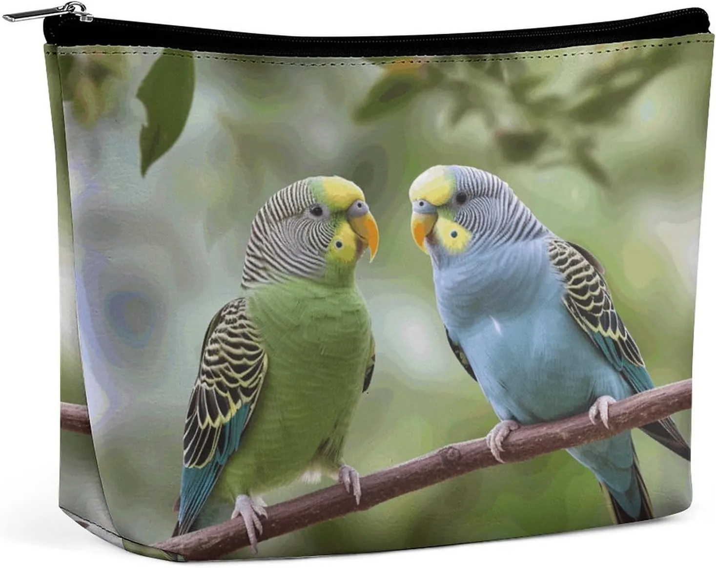 Large Capacity Makeup Bags for Women Portable Leather with Zipper Travelling Makeup Bag Blue And Green Parakeets Printed