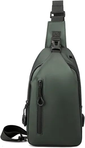 Large-capacity multi-compartment storage bag, portable outdoor shoulder bag, equipped with headphones and a USB charging port.(Army green earphones charging double-layer zipper model)
