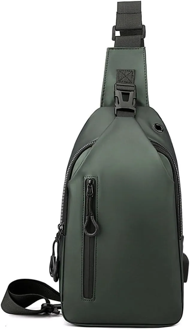 Large-capacity multi-compartment storage bag, portable outdoor shoulder bag, equipped with headphones and a USB charging port.(Army green earphones charging double-layer zipper model)