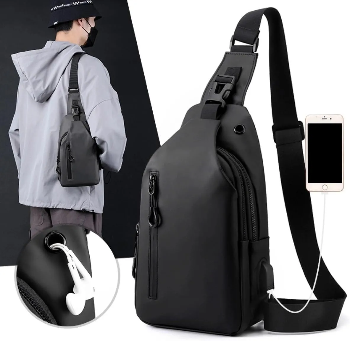 Large-capacity multi-compartment storage bag, portable outdoor shoulder bag, equipped with headphones and a USB charging port.(Army green earphones charging double-layer zipper model)