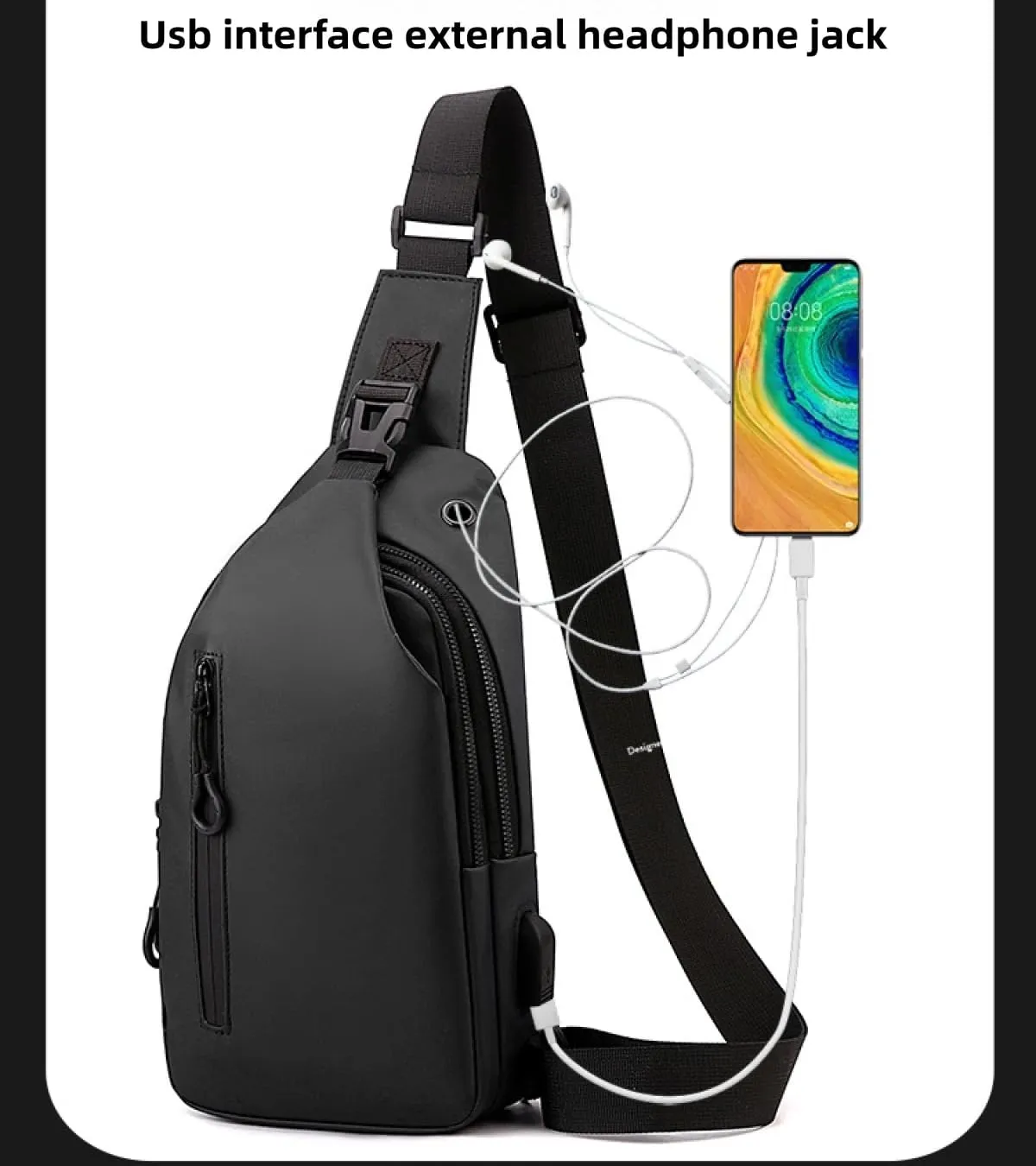 Large-capacity multi-compartment storage bag, portable outdoor shoulder bag, equipped with headphones and a USB charging port.(Army green earphones charging double-layer zipper model)