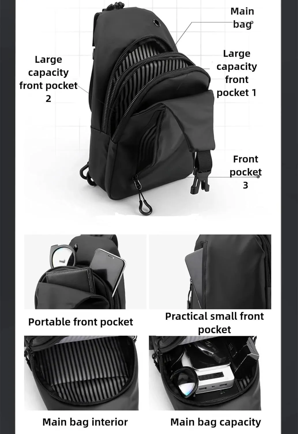 Large-capacity multi-compartment storage bag, portable outdoor shoulder bag, equipped with headphones and a USB charging port.(Army green earphones charging double-layer zipper model)