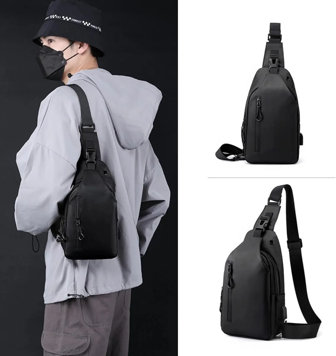 Large-capacity multi-compartment storage bag, portable outdoor shoulder bag, equipped with headphones and a USB charging port.(Army green earphones charging double-layer zipper model)