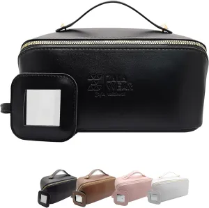 Large Capacity Travel Lay Flat Makeup Bag with Mirror – Faux Leather Make Up Traveling Organizer Bag Case for Women – Multifunctional Waterproof Cosmetic Toiletry Skincare Bag (Black)