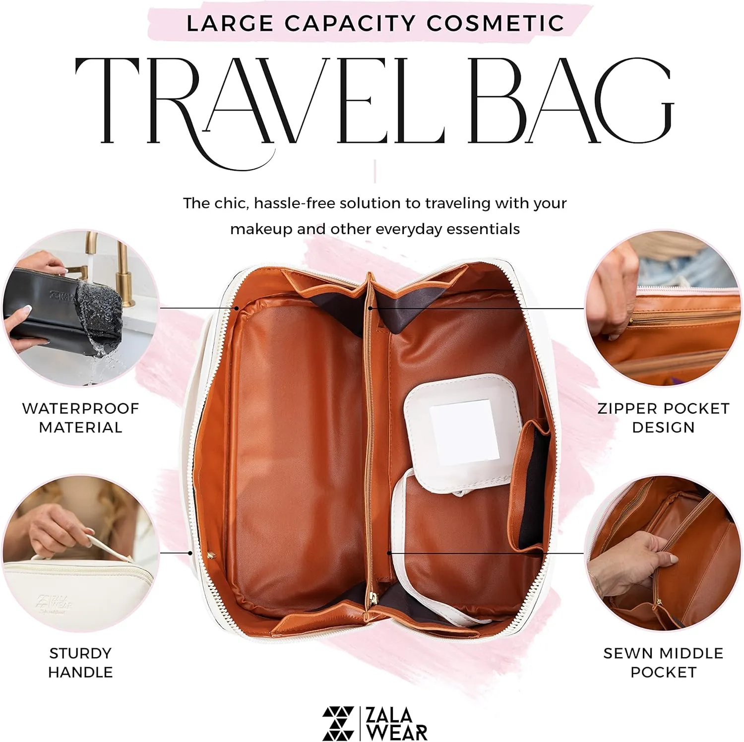 Large Capacity Travel Lay Flat Makeup Bag with Mirror – Faux Leather Make Up Traveling Organizer Bag Case for Women – Multifunctional Waterproof Cosmetic Toiletry Skincare Bag (White)