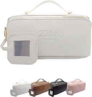 Large Capacity Travel Lay Flat Makeup Bag with Mirror – Faux Leather Make Up Traveling Organizer Bag Case for Women – Multifunctional Waterproof Cosmetic Toiletry Skincare Bag (White)