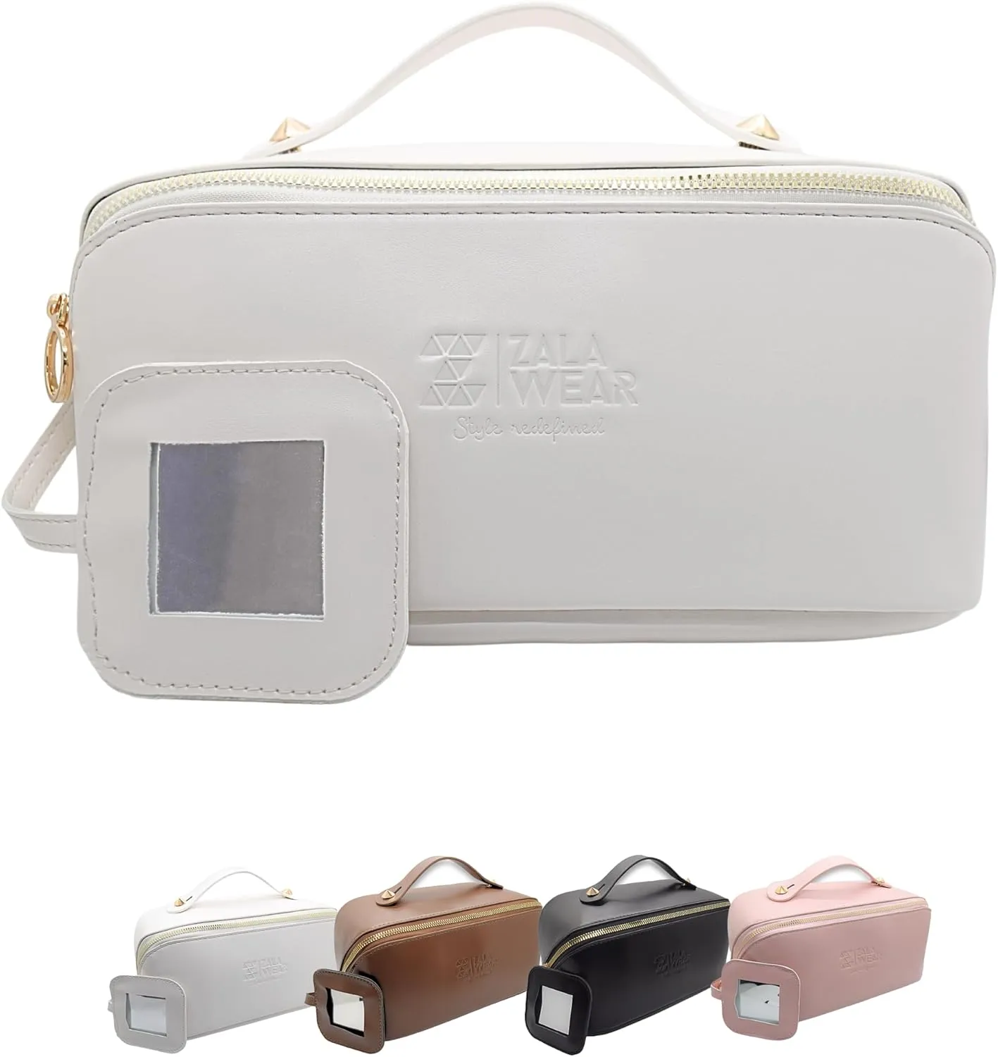 Large Capacity Travel Lay Flat Makeup Bag with Mirror – Faux Leather Make Up Traveling Organizer Bag Case for Women – Multifunctional Waterproof Cosmetic Toiletry Skincare Bag (White)