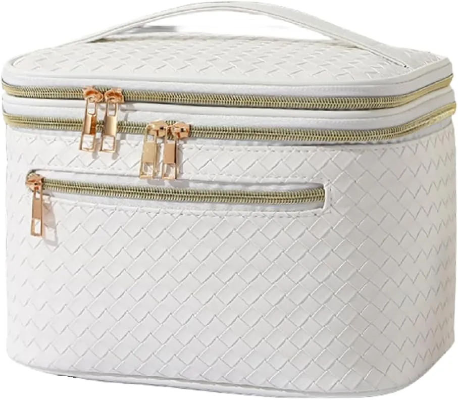 Large Makeup Bag for Women Double Layer Cosmetic Bag with Jewelry Organizer Compartment Waterproof Travel Toiletry Bag (A/White)
