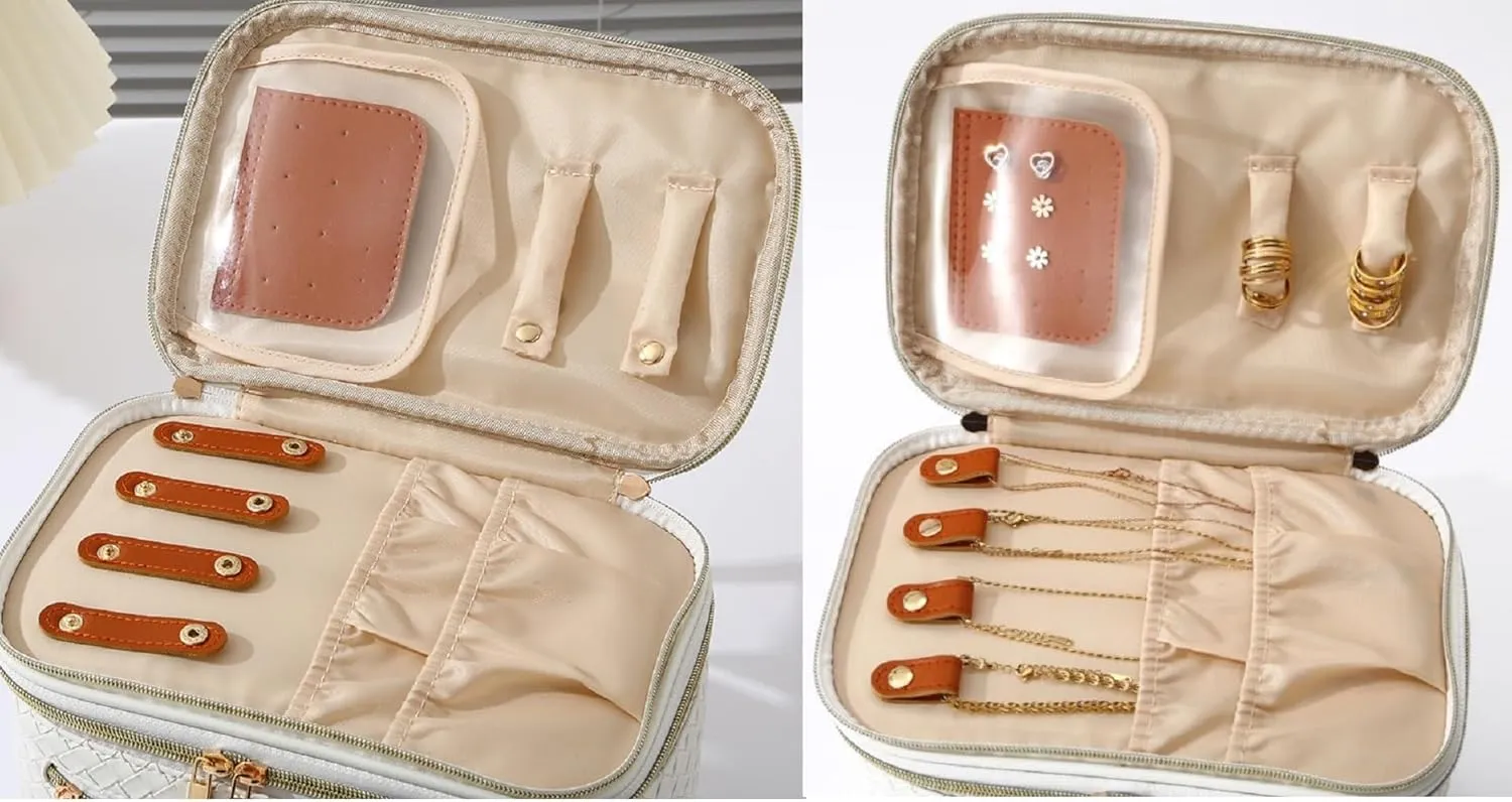 Large Makeup Bag for Women Double Layer Cosmetic Bag with Jewelry Organizer Compartment Waterproof Travel Toiletry Bag (A/White)