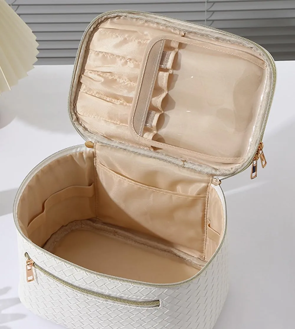 Large Makeup Bag for Women Double Layer Cosmetic Bag with Jewelry Organizer Compartment Waterproof Travel Toiletry Bag (A/White)