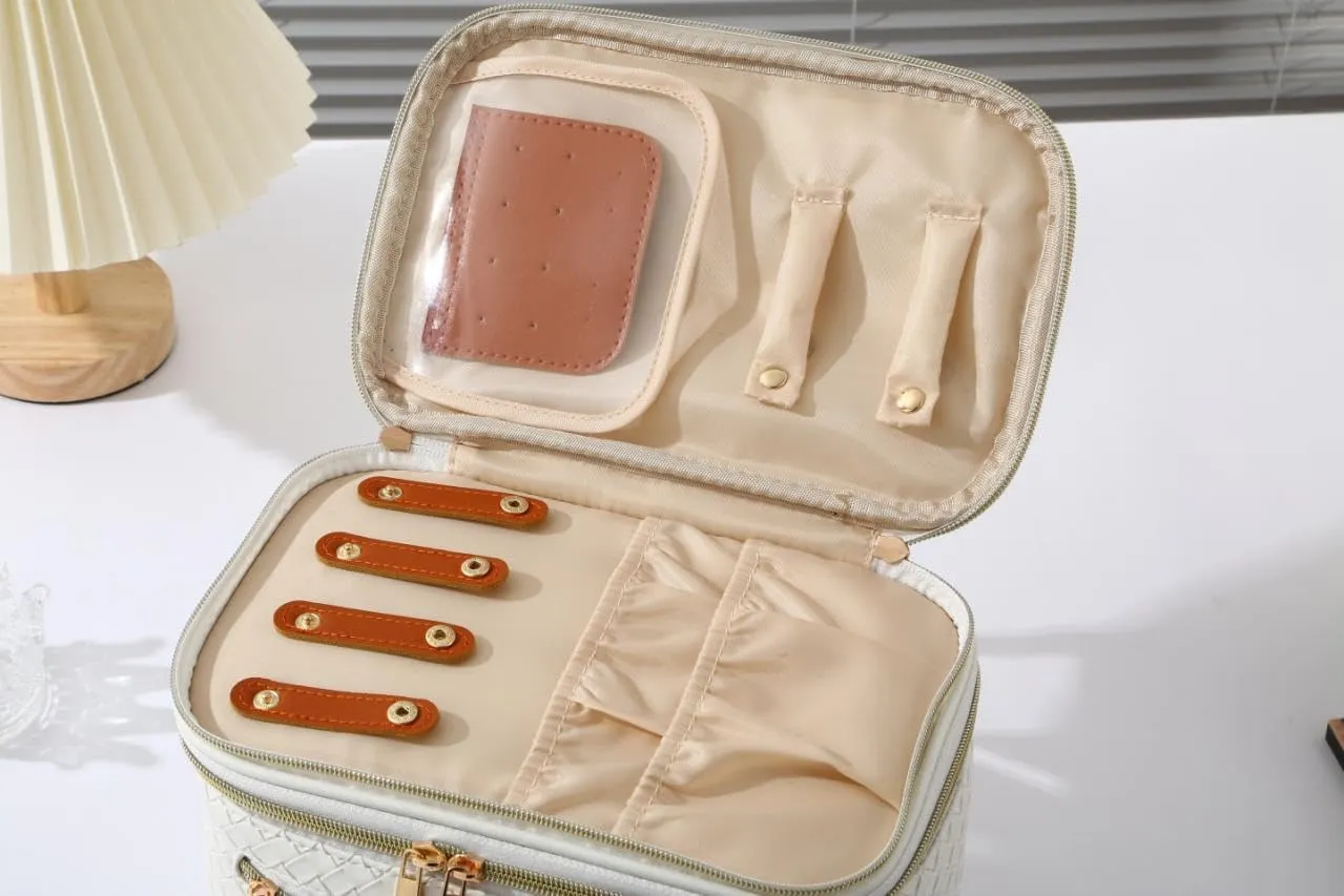 Large Makeup Bag for Women Double Layer Cosmetic Bag with Jewelry Organizer Compartment Waterproof Travel Toiletry Bag (A/White)