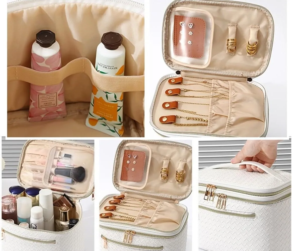 Large Makeup Bag for Women Double Layer Cosmetic Bag with Jewelry Organizer Compartment Waterproof Travel Toiletry Bag (A/White)