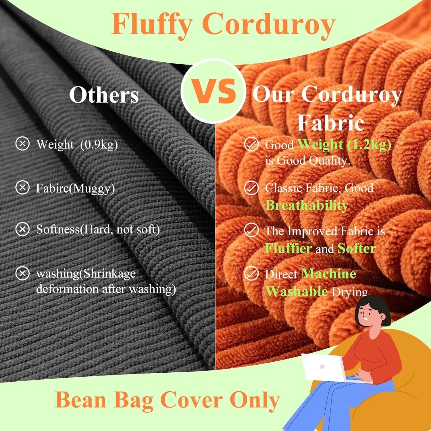 Large Stuffed Animal Storage Bean Bag Chair （No Filler）, 3 ft Giant Heavy Soft Corduroy Bean Bag Cover for Kids Teens & Adults，Round Fluffy Sofa for Home Living Room