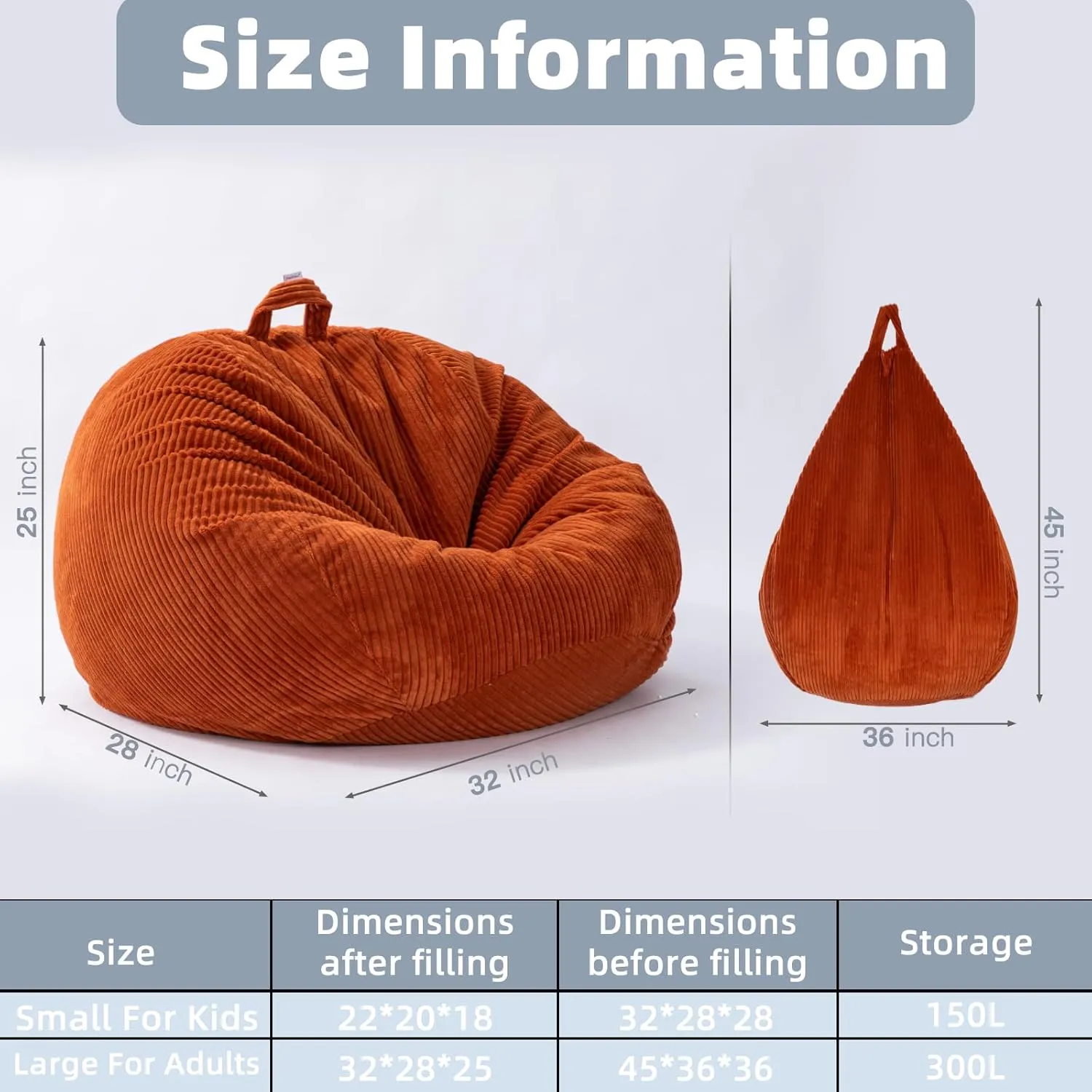 Large Stuffed Animal Storage Bean Bag Chair （No Filler）, 3 ft Giant Heavy Soft Corduroy Bean Bag Cover for Kids Teens & Adults，Round Fluffy Sofa for Home Living Room