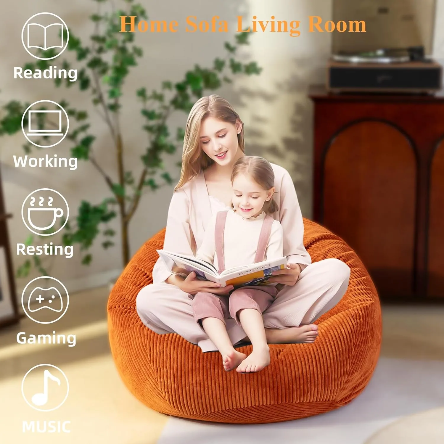 Large Stuffed Animal Storage Bean Bag Chair （No Filler）, 3 ft Giant Heavy Soft Corduroy Bean Bag Cover for Kids Teens & Adults，Round Fluffy Sofa for Home Living Room