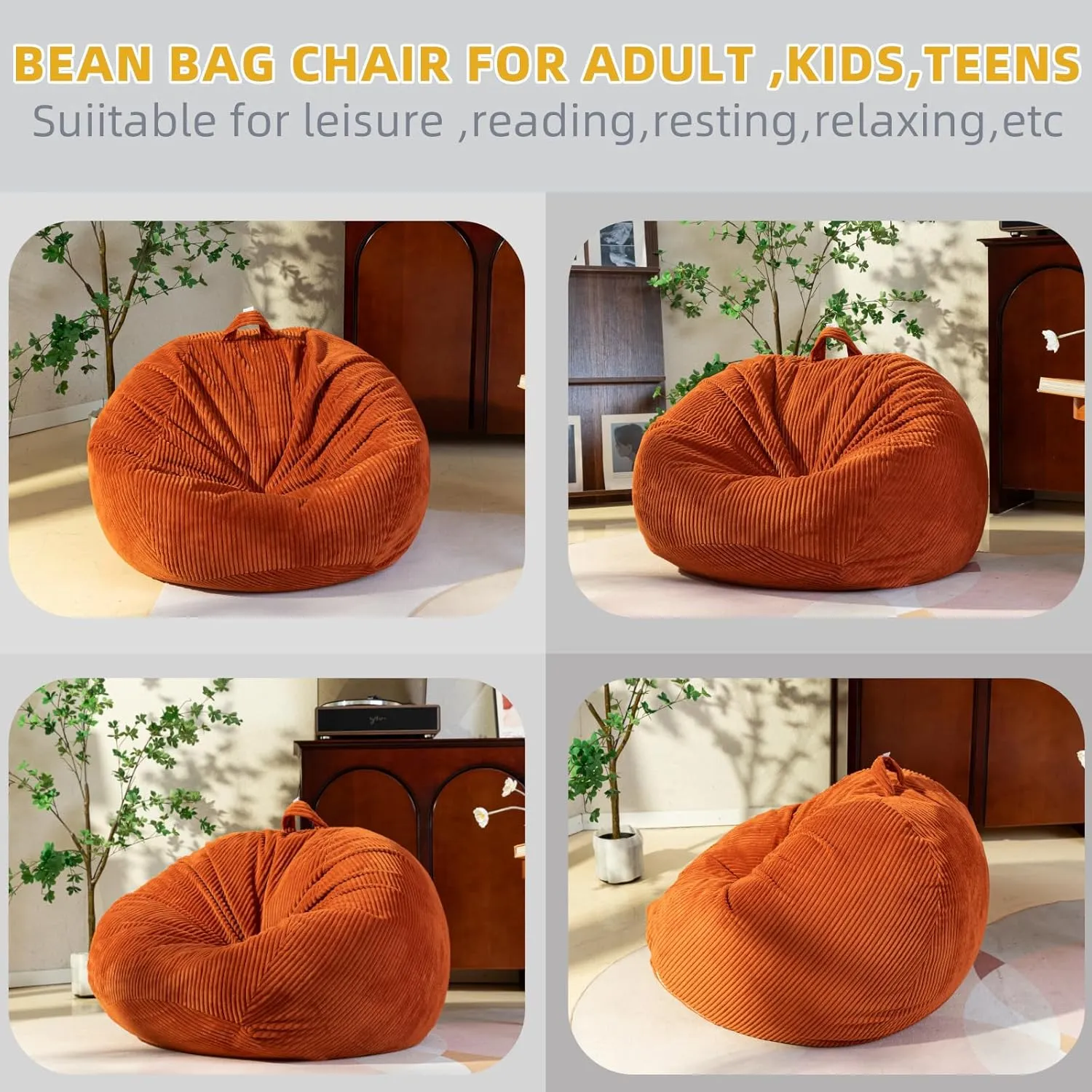 Large Stuffed Animal Storage Bean Bag Chair （No Filler）, 3 ft Giant Heavy Soft Corduroy Bean Bag Cover for Kids Teens & Adults，Round Fluffy Sofa for Home Living Room