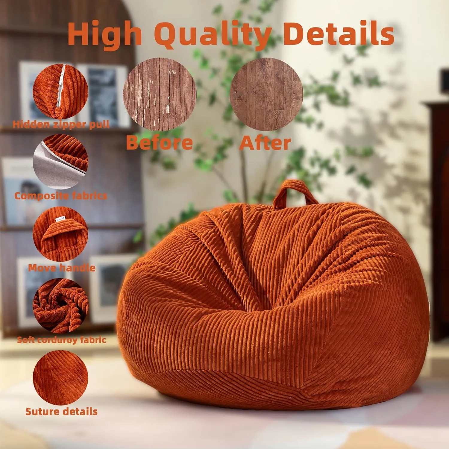 Large Stuffed Animal Storage Bean Bag Chair （No Filler）, 3 ft Giant Heavy Soft Corduroy Bean Bag Cover for Kids Teens & Adults，Round Fluffy Sofa for Home Living Room