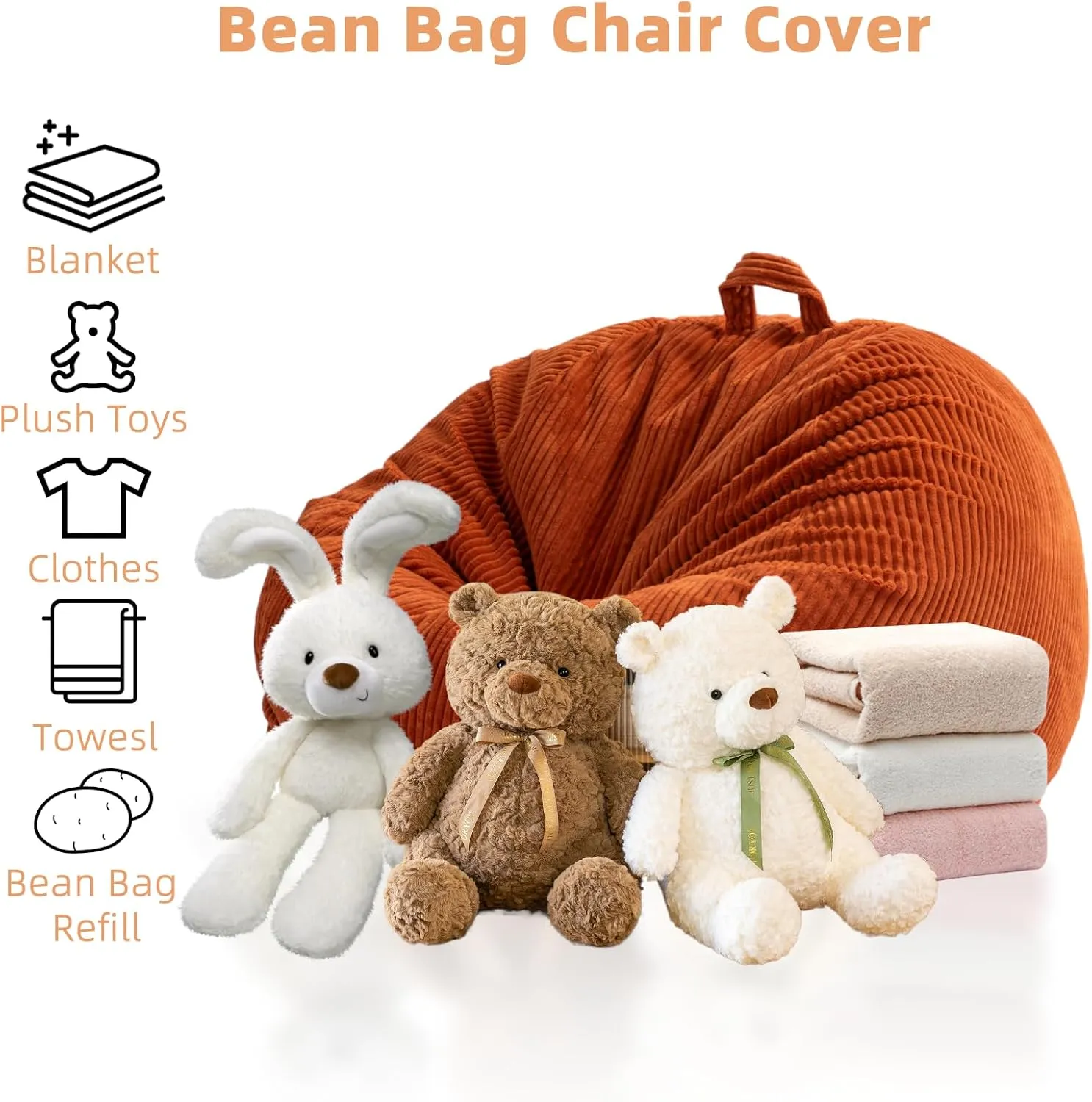 Large Stuffed Animal Storage Bean Bag Chair （No Filler）, 3 ft Giant Heavy Soft Corduroy Bean Bag Cover for Kids Teens & Adults，Round Fluffy Sofa for Home Living Room