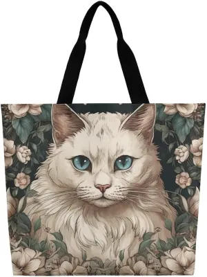 Leaf And White Cat Tote Bag Large Women Casual Shoulder Bag Reusable Grocery Bag Fasion Handbag for Office Shopping Travel