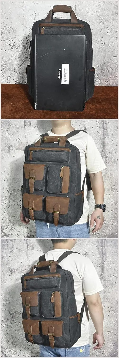 Le'aokuu Canvas & Genuine Leather Waterproof Unisex Adult Back-Pack Daily Rucksack Casual Daypack Travel Bag