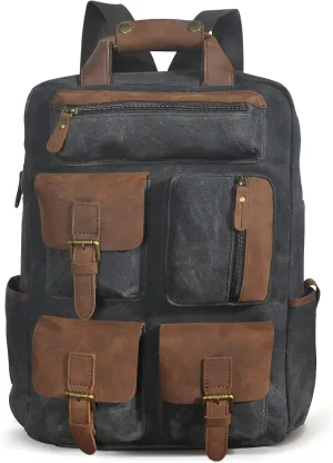 Le'aokuu Canvas & Genuine Leather Waterproof Unisex Adult Back-Pack Daily Rucksack Casual Daypack Travel Bag