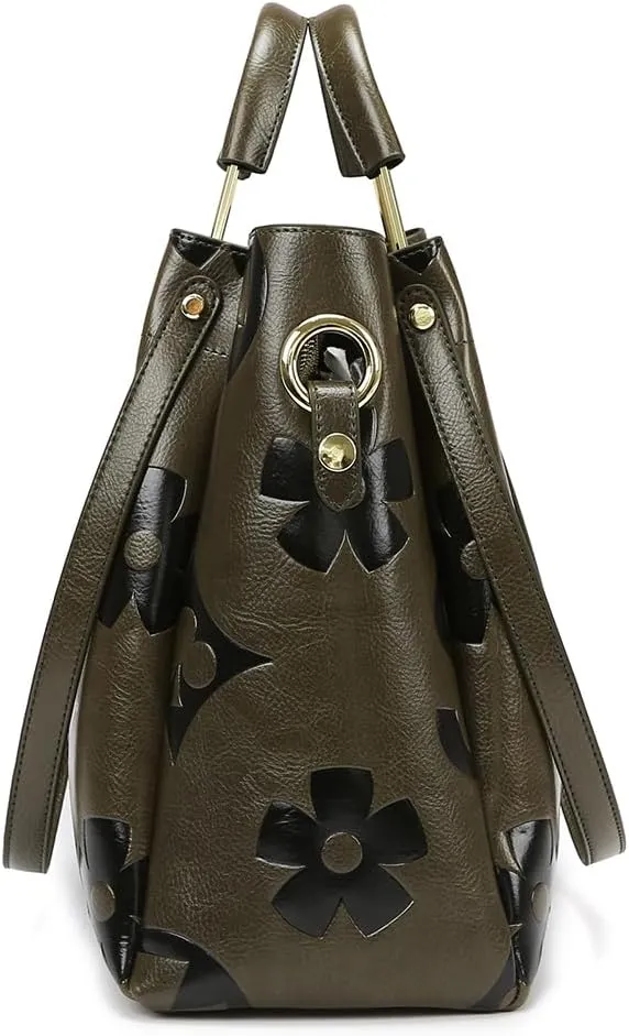 Leather Bucket Bag for Women Vintage Floral Embossed Tote Bag Shoulder Handbag Large Top Handle Satchel Handbag Trendy Purse