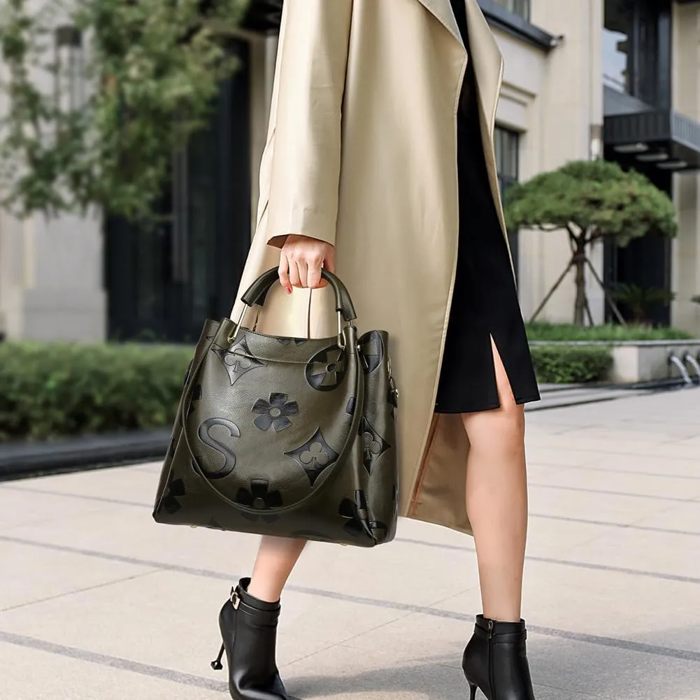 Leather Bucket Bag for Women Vintage Floral Embossed Tote Bag Shoulder Handbag Large Top Handle Satchel Handbag Trendy Purse