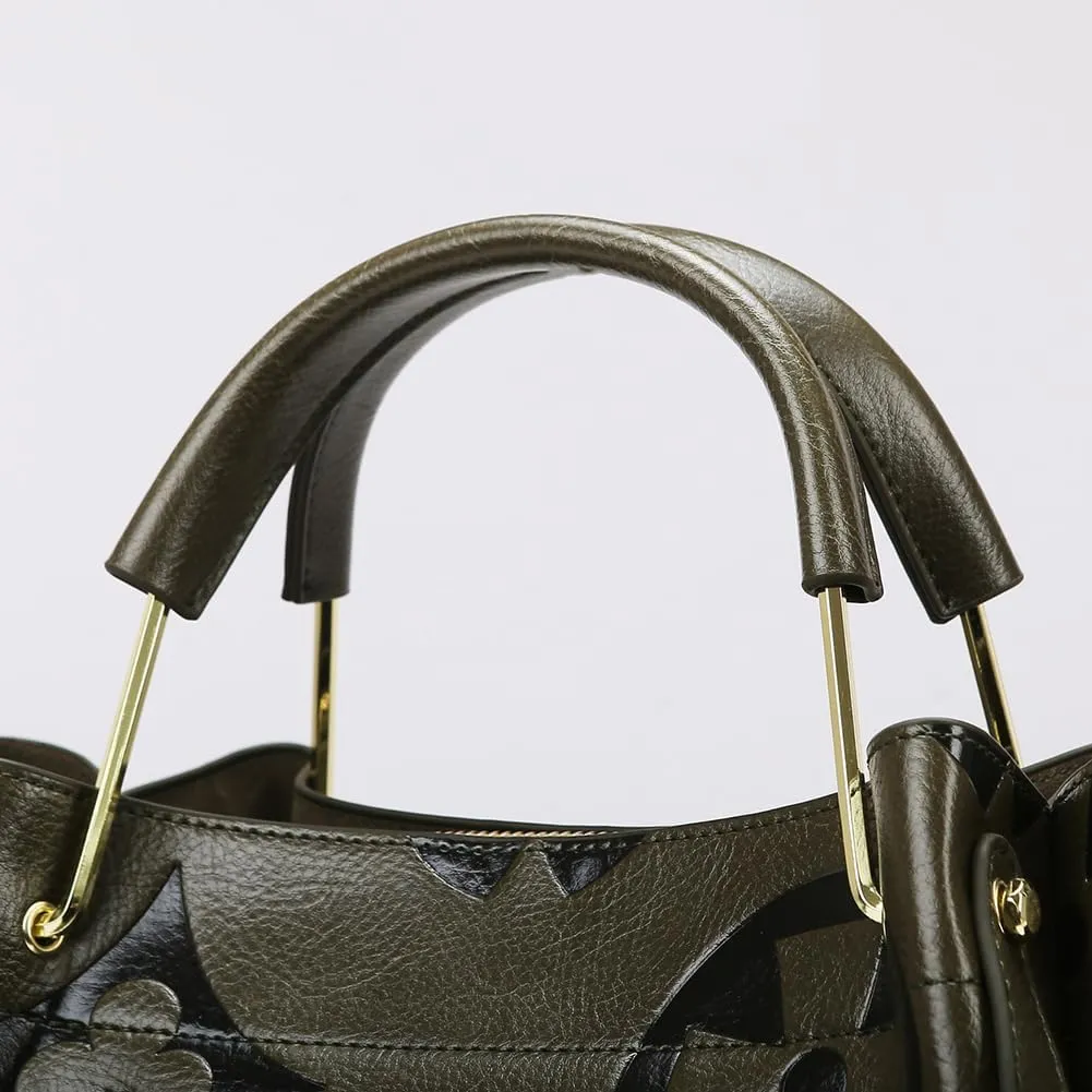 Leather Bucket Bag for Women Vintage Floral Embossed Tote Bag Shoulder Handbag Large Top Handle Satchel Handbag Trendy Purse